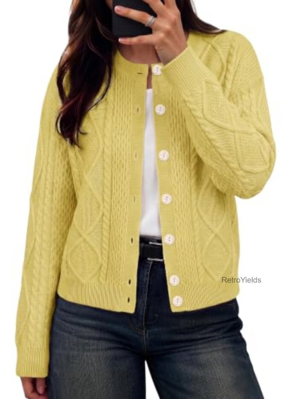 Chunky Cable Knit Button Up Cardigan Sweater Crew Neck Relaxed Fit
